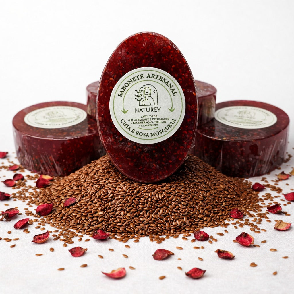 Sabonete Artesanal Naturey de Chía e Rosa mosqueta. Esfoliante e Regenerador
